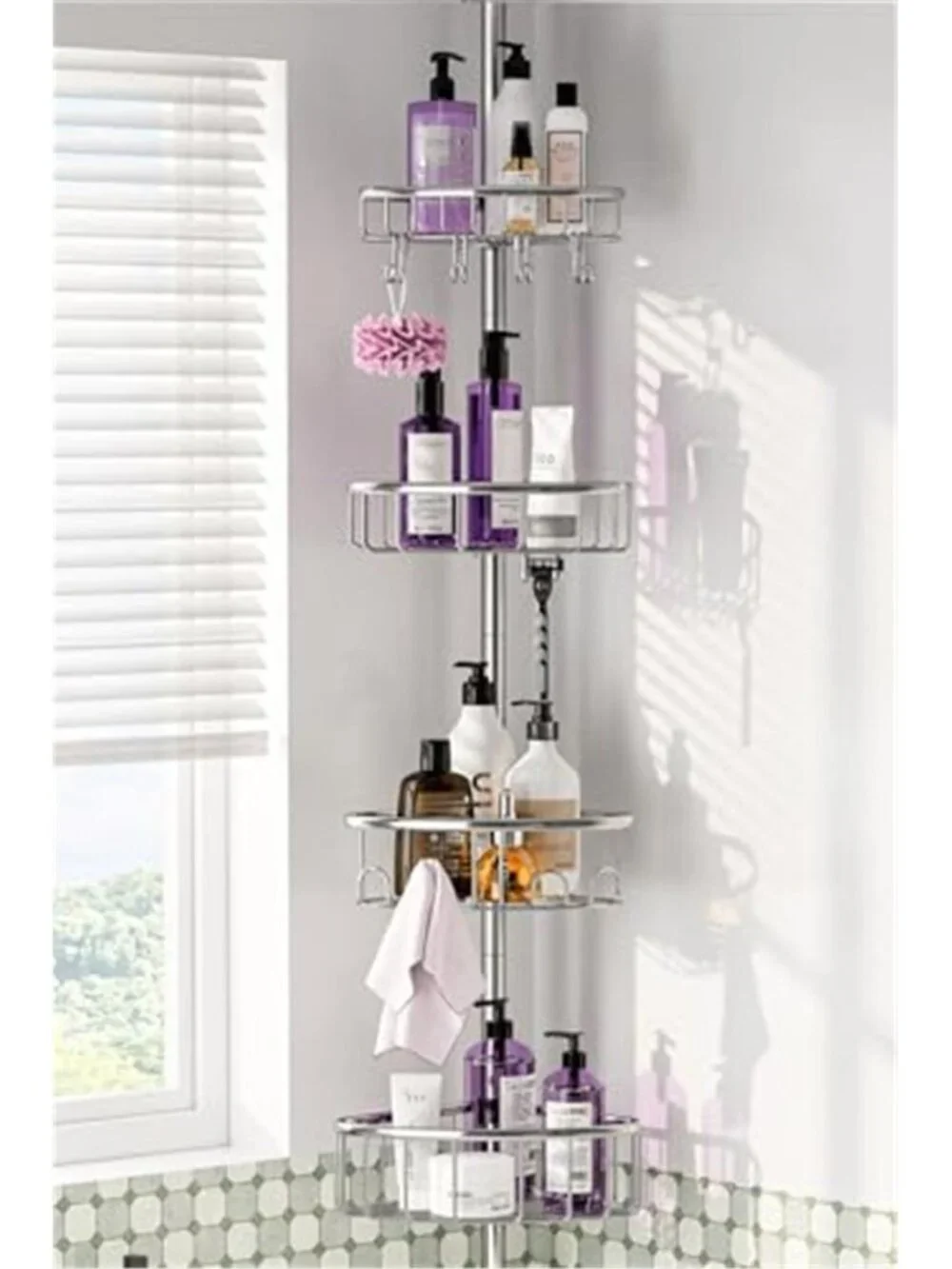 4 Tier Corner Shower Caddy Tension Pole Stainless Steel Bathroom Shelf Silver